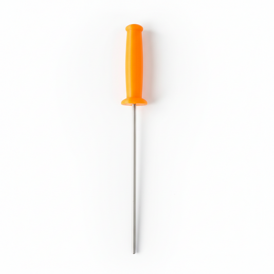 Metal rod with orange handle on a wooden surface