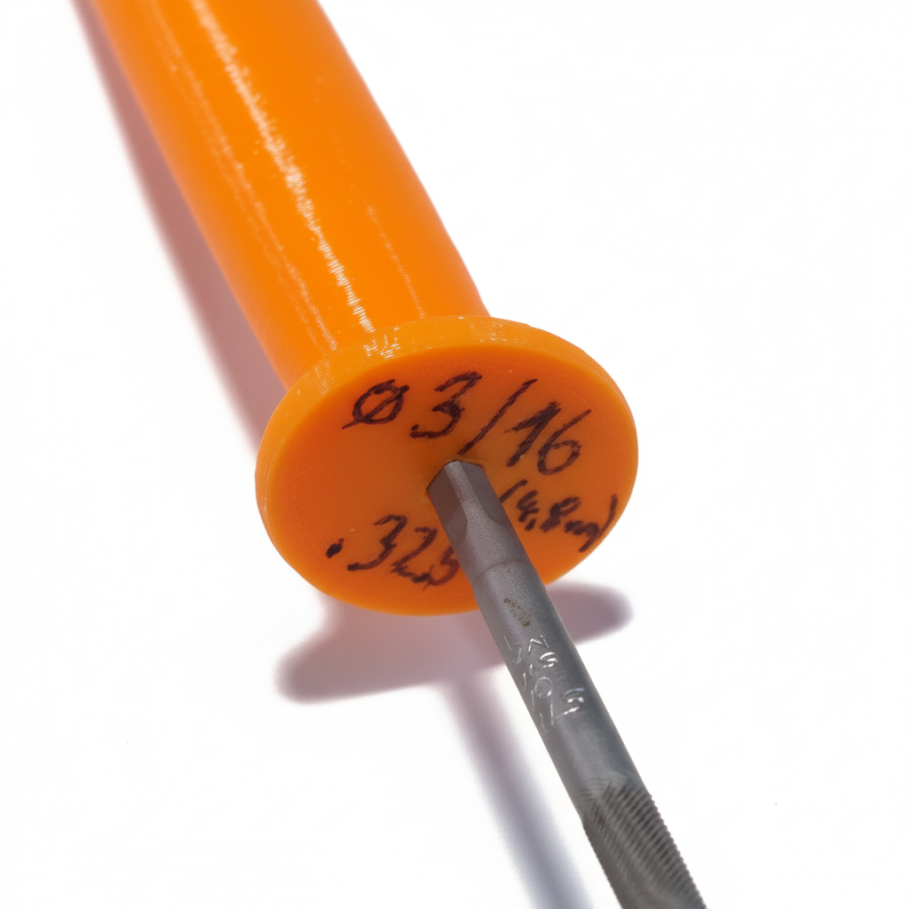 Orange cylindrical object with measurement markings and a metal tool on a textured surface