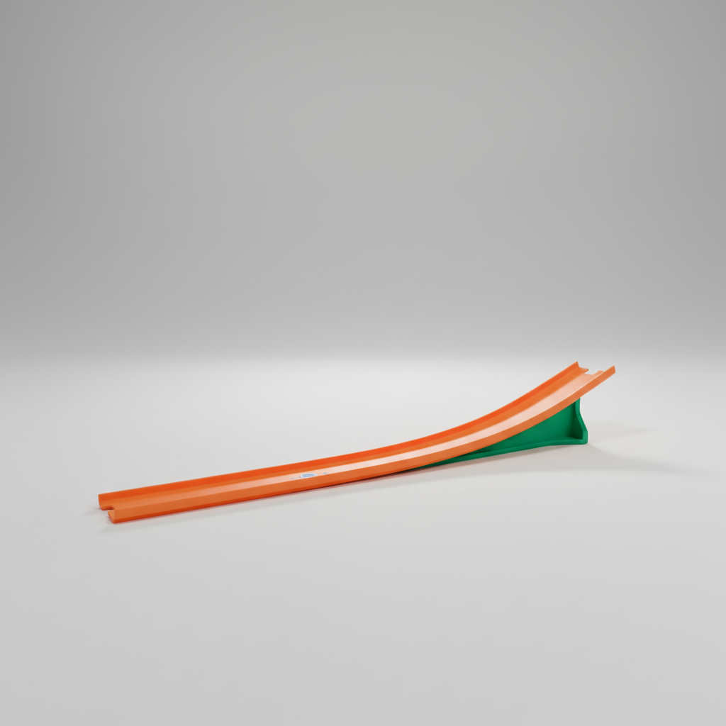 Orange and green slide on a beige floor with large windows in the background