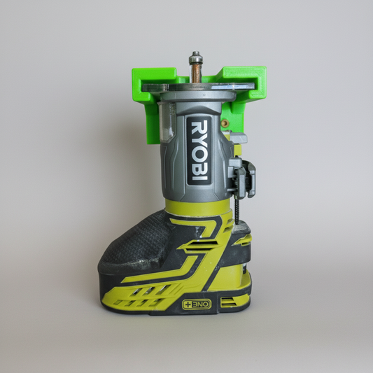 Green and black Ryobi power tool against a vibrant, abstract background