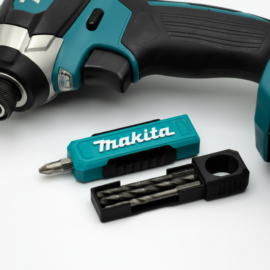 Makita power tool with accessories on a white background