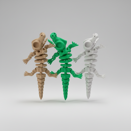 Hand holding a green and beige dinosaur skeleton model against a blurred indoor background.