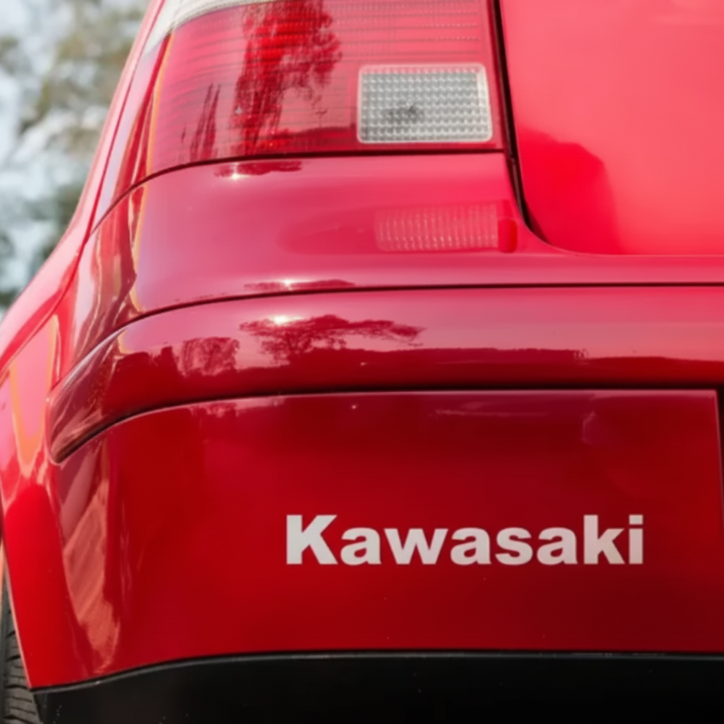 Close-up of a red Kawasaki motorcycle with the brand name visible.