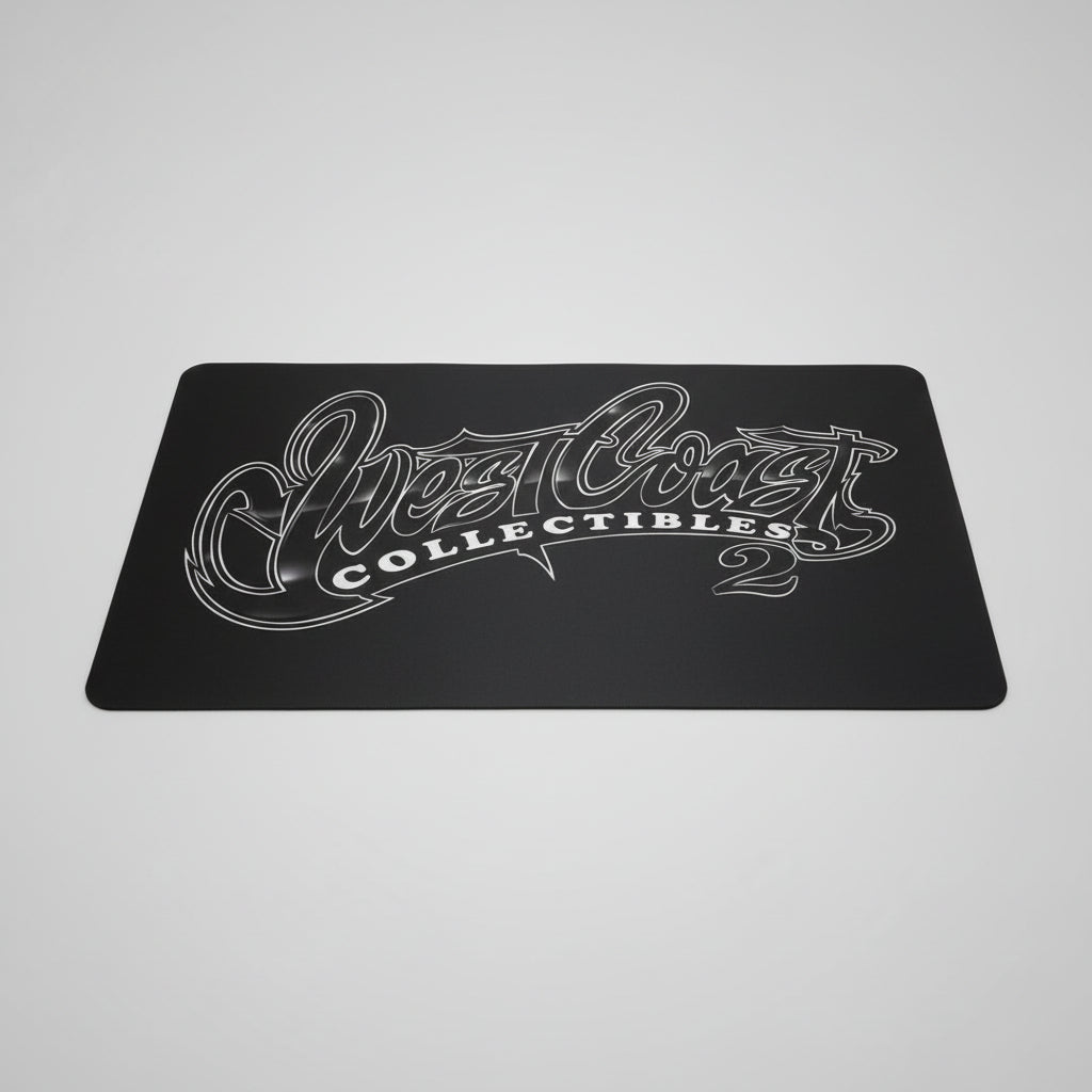 Black card with 'West Coast Collectibles' logo on a textured surface