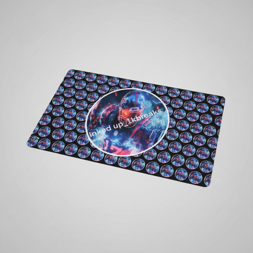 Decorative mouse pad with circular design and text on a gray background