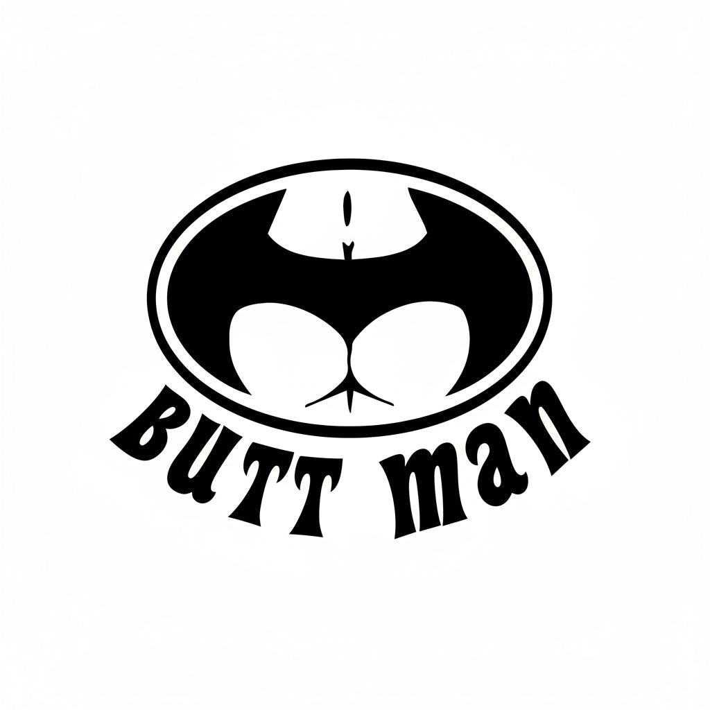 Logo with 'Butt Man' text and a design resembling a superhero emblem.