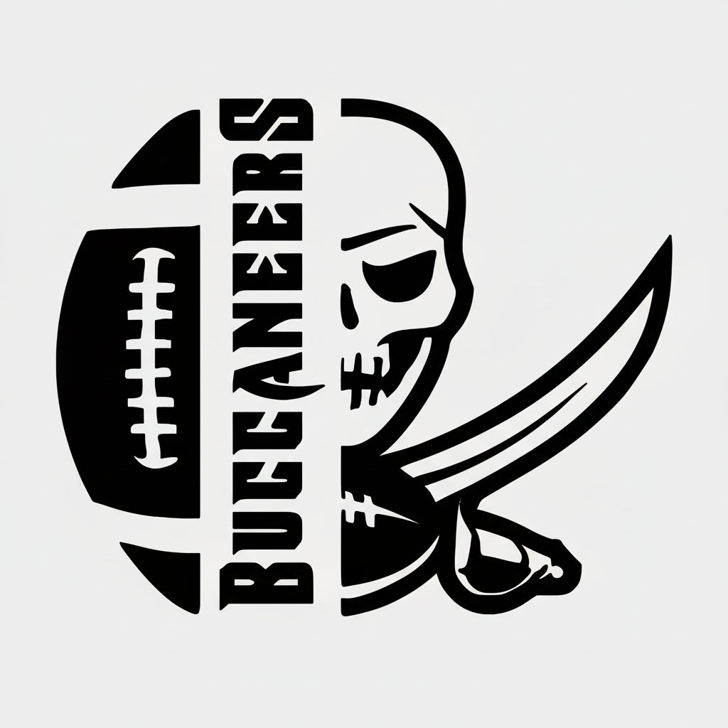 Pirate skull with sword and football, featuring 'Buccaneers' text on a white background