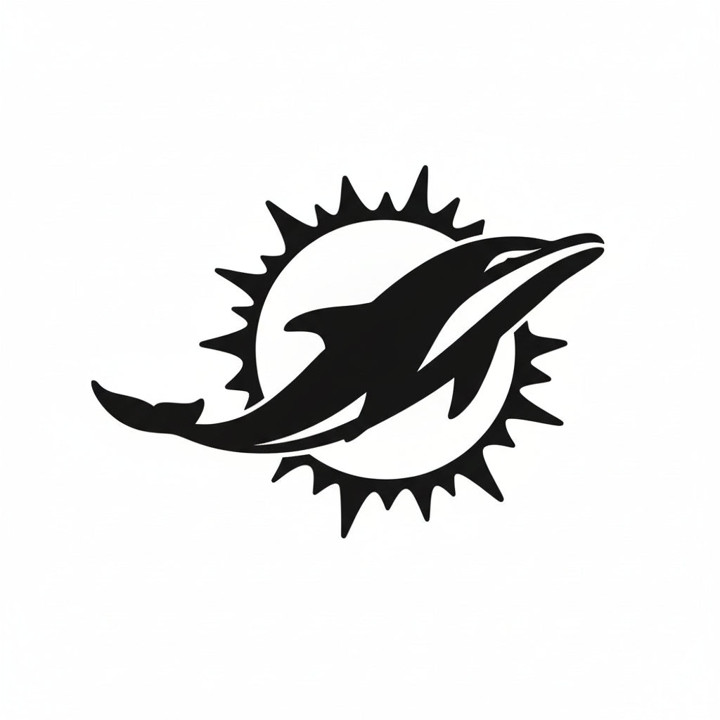 White dolphin logo with sunburst on a black background