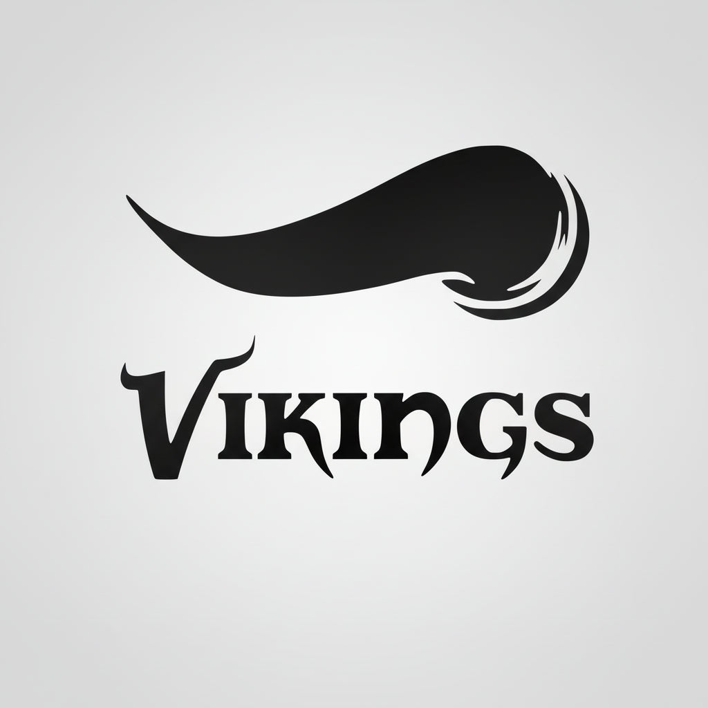 Black logo with a stylized mustache and 'Vikings' text on a white background