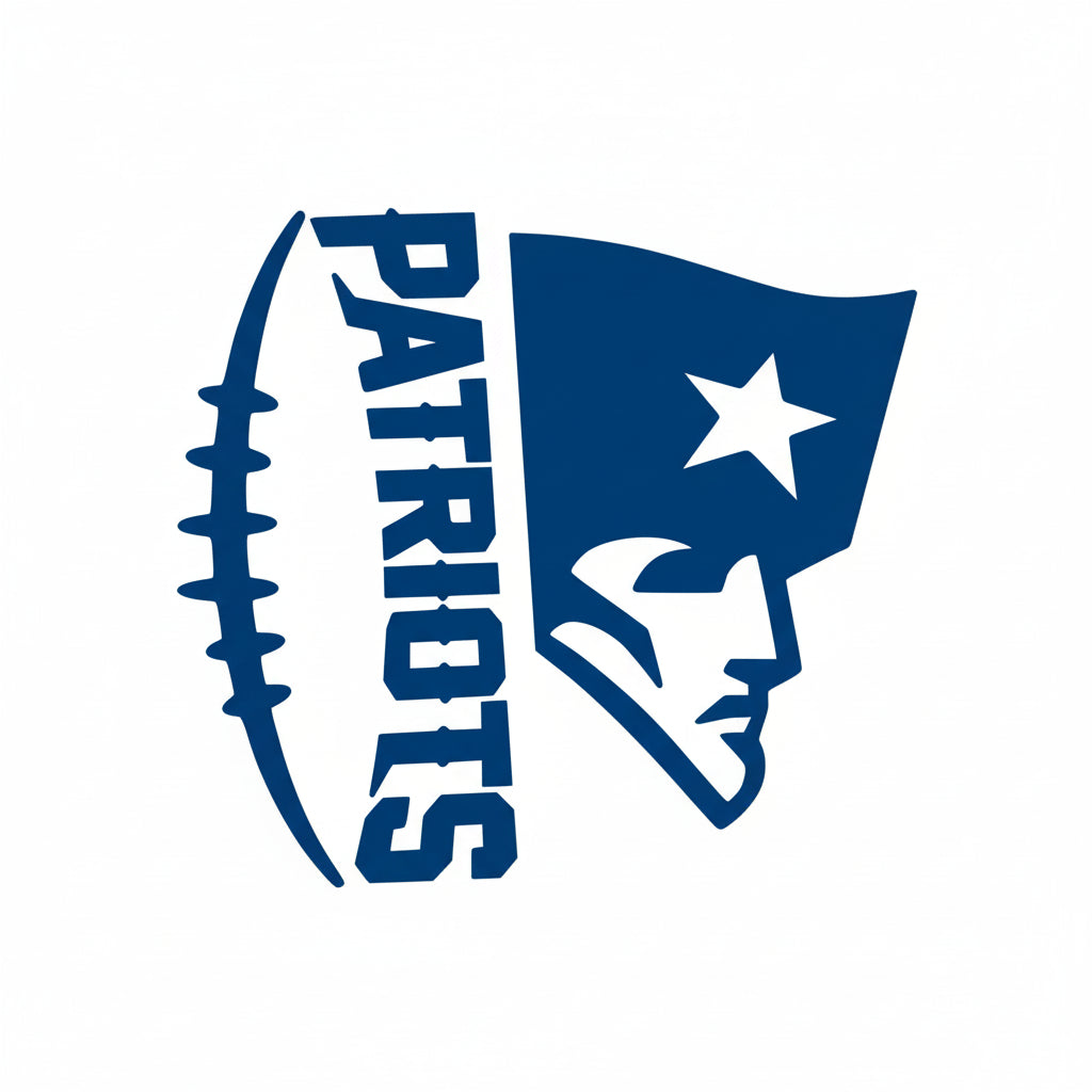 Black logo of a football helmet with a face and star on a white background, featuring the word 'Patriots'.