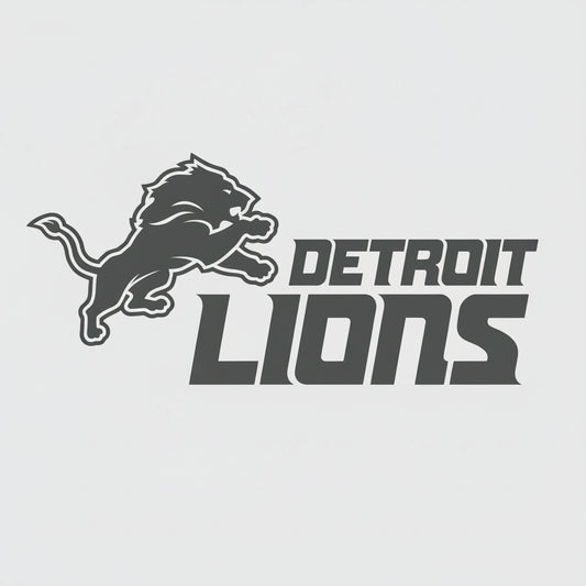 Detroit Lions logo with a blue lion and text on a light gray background