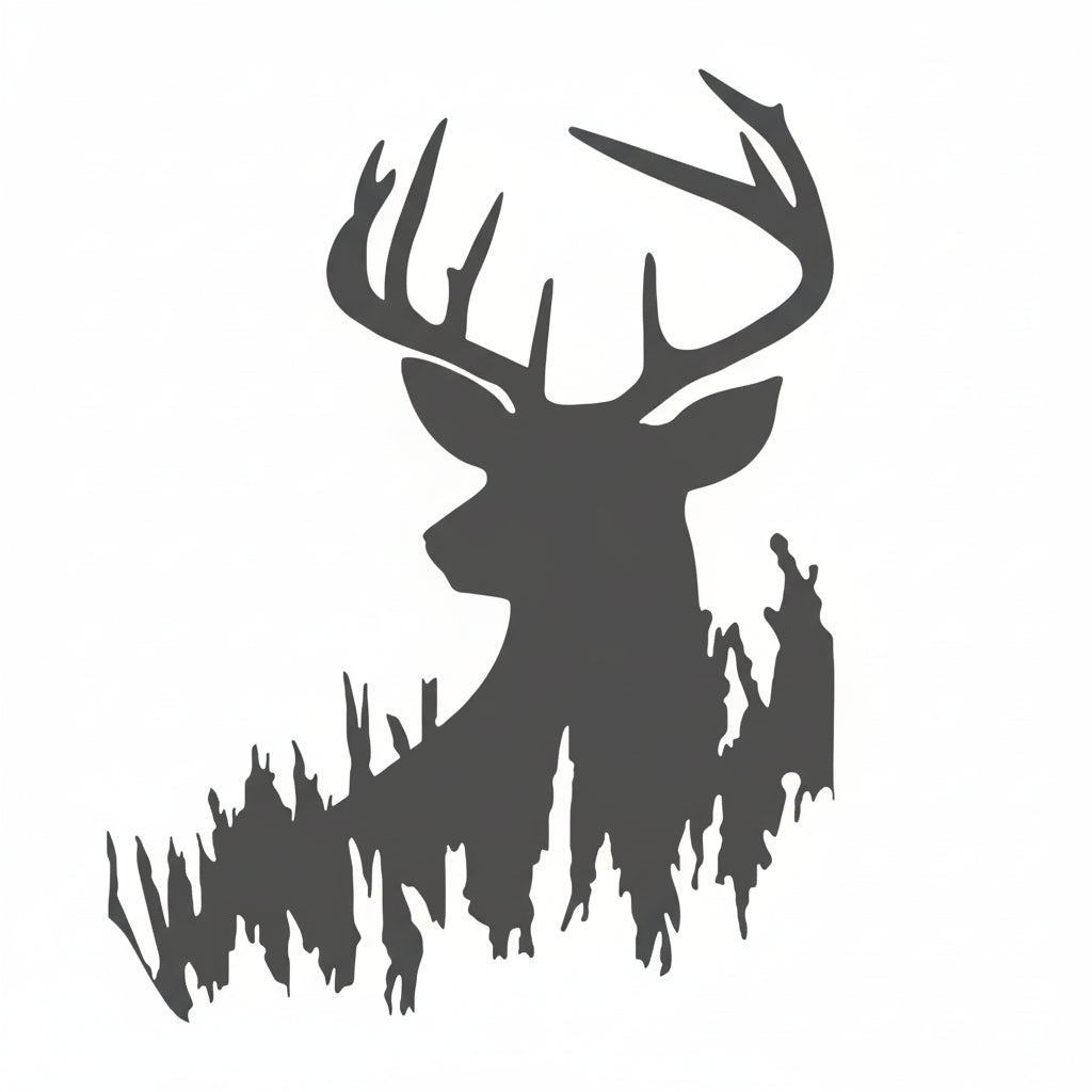 Black silhouette of a deer with antlers on a white background