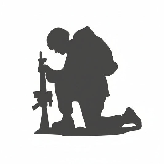 Silhouette of a soldier kneeling with a rifle on a white background