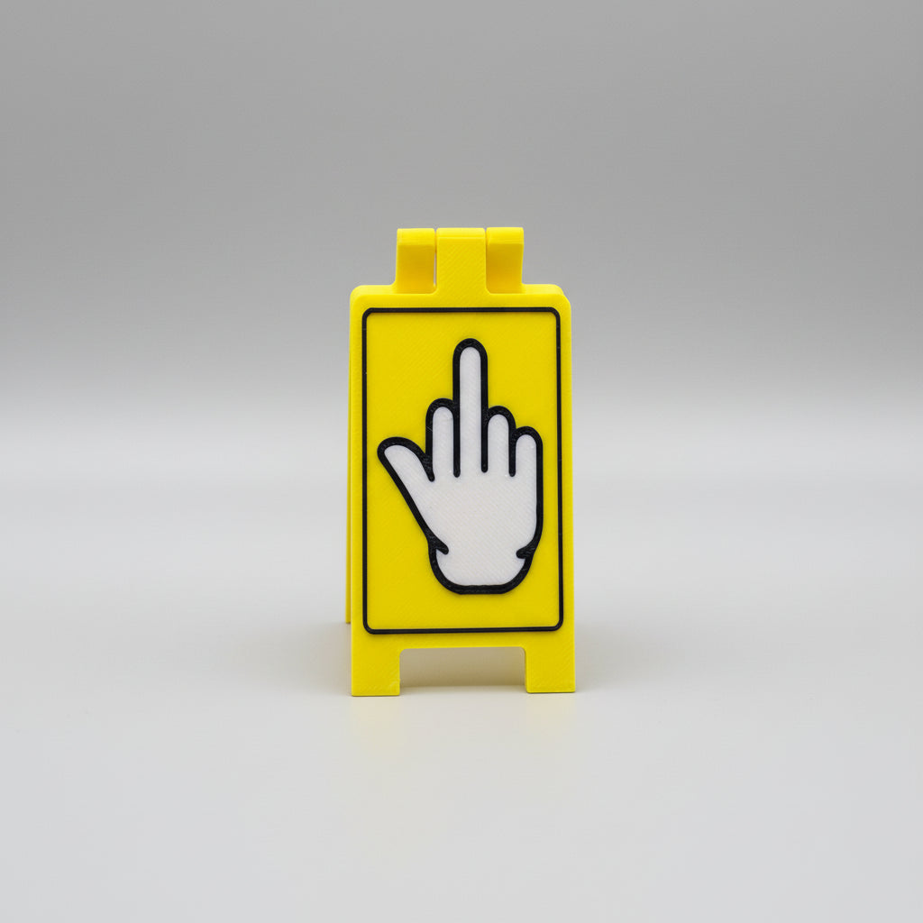 Yellow block with a black and white hand sign on a textured surface