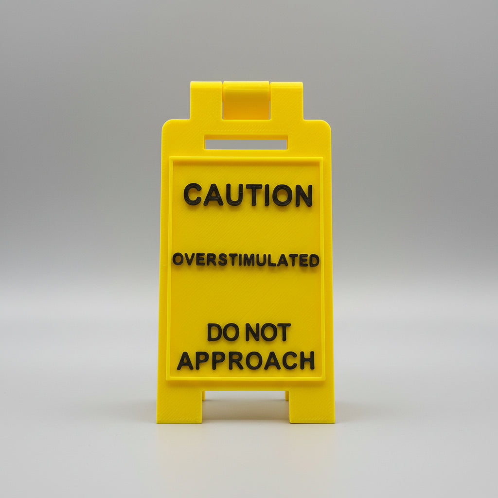 Yellow sign with text 'CAUTION OVERSTIMULATED DO NOT APPROACH' on a textured background