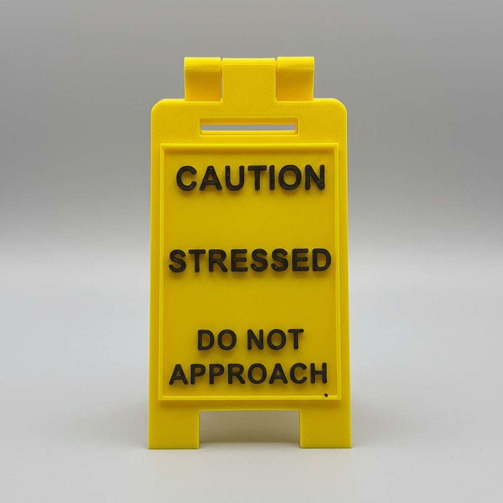 Yellow sign with text 'CAUTION STRESSED DO NOT APPROACH' on a textured background