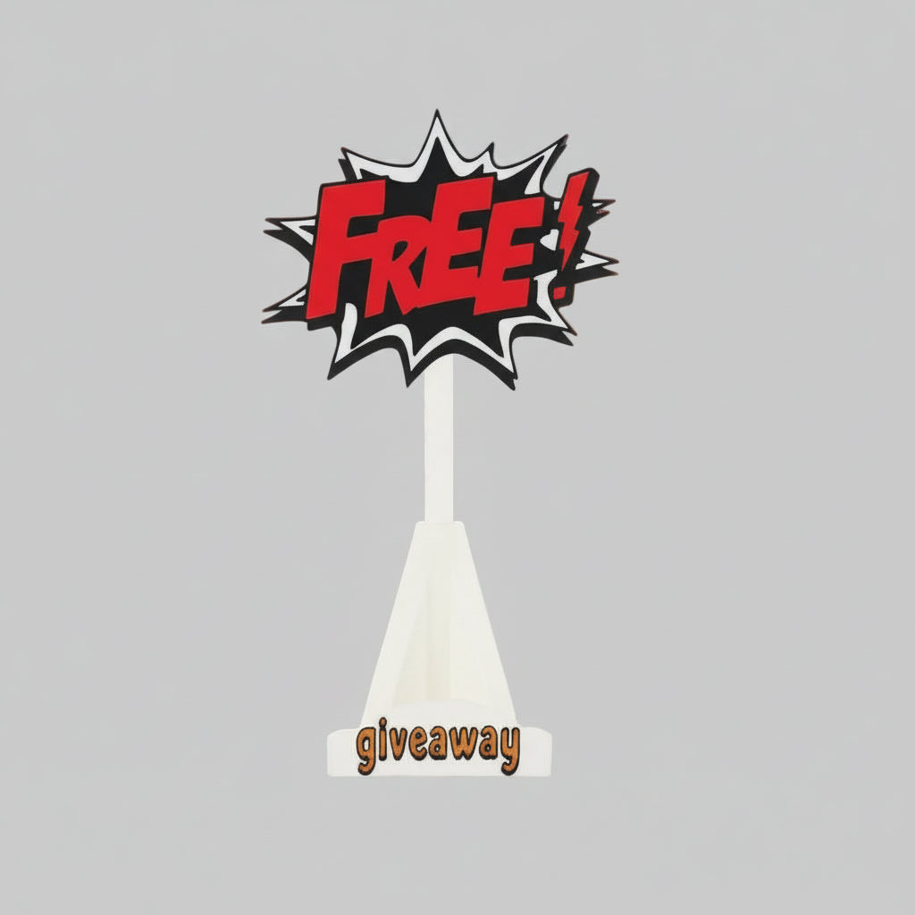 White cone with 'FREE giveaway' text on a patterned background