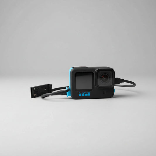 Action camera with attached mount on a wooden surface