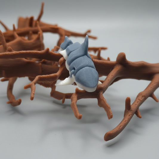 Microscopic view of a blue bacterium-like organism on brown structures