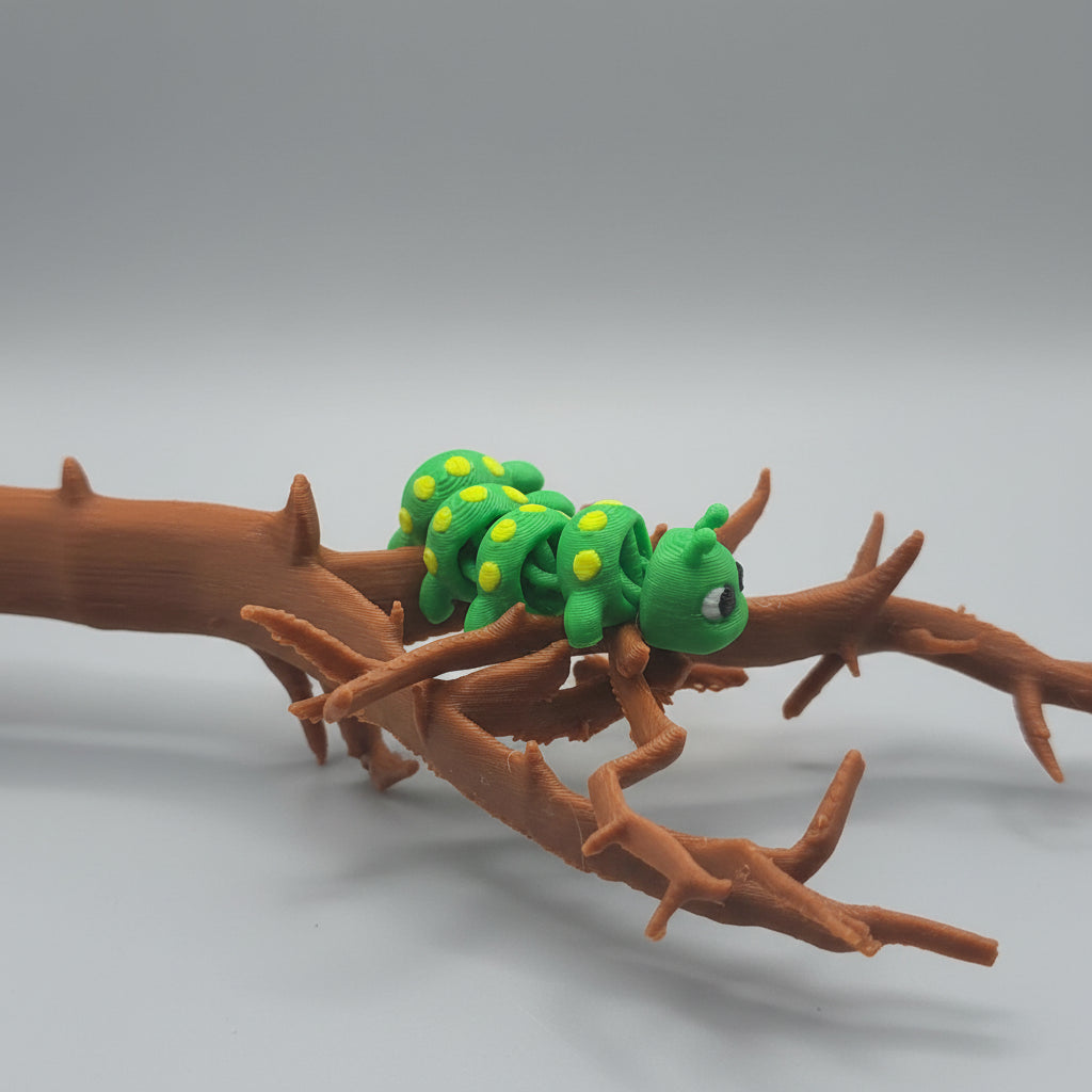 Green caterpillar toy on brown textured surface