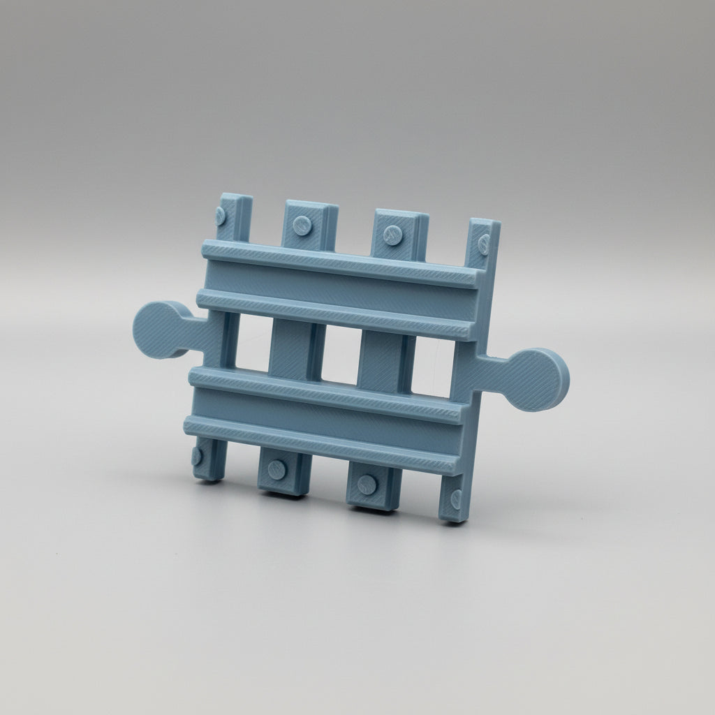 Small blue metal bench model on a textured metallic surface