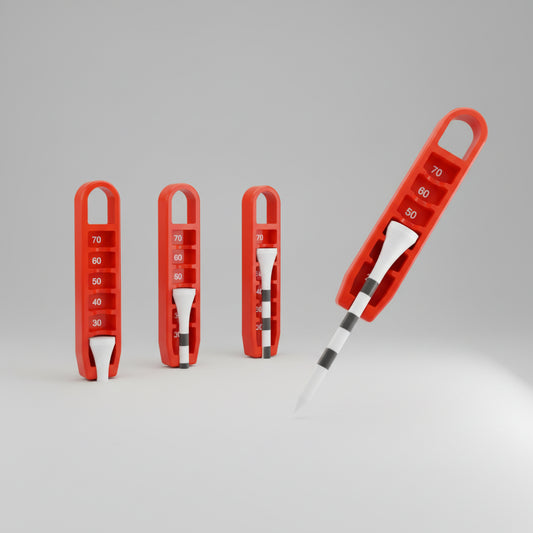 Red golf tee elevator with a golf tee on a green background