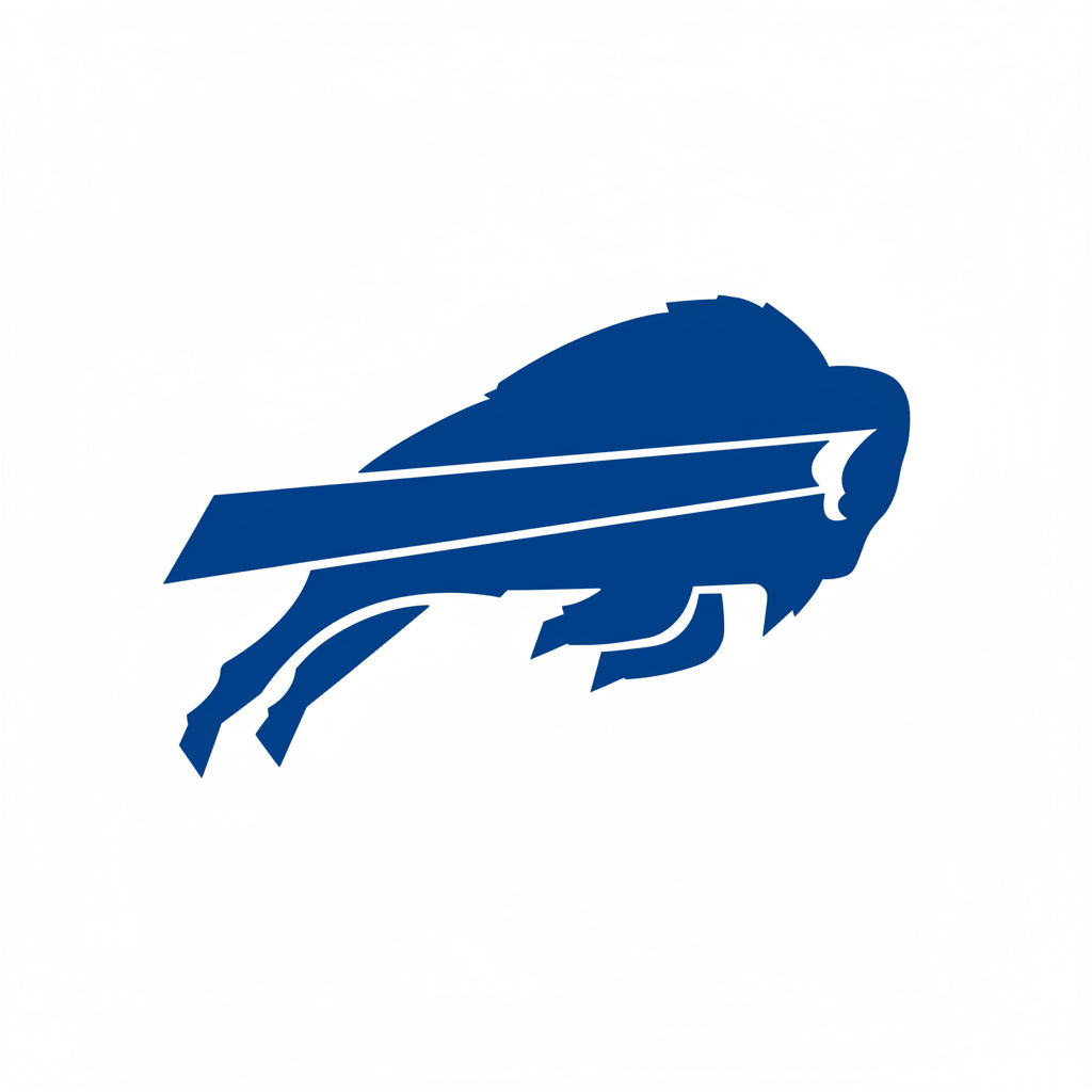 Black silhouette of a leaping buffalo with two white stripes on a white background