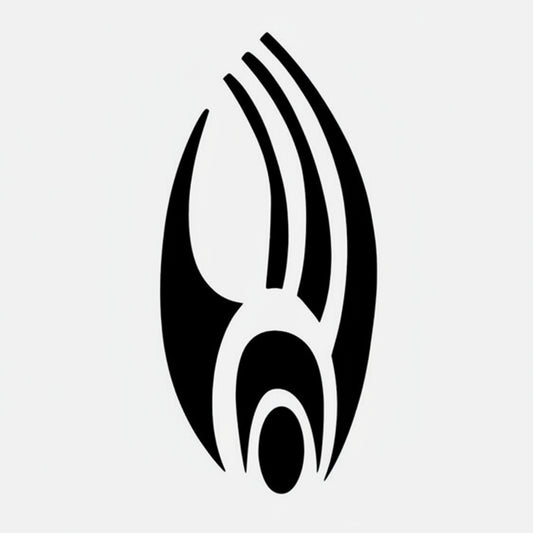 Black tribal-style design on a white background