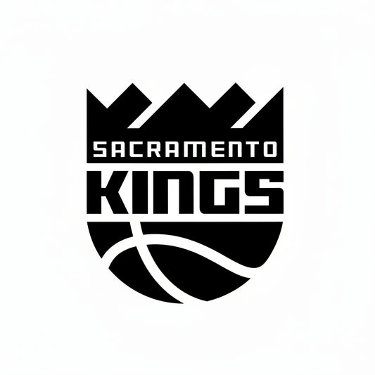 Sacramento Kings logo with black text and white basketball silhouette on a white background