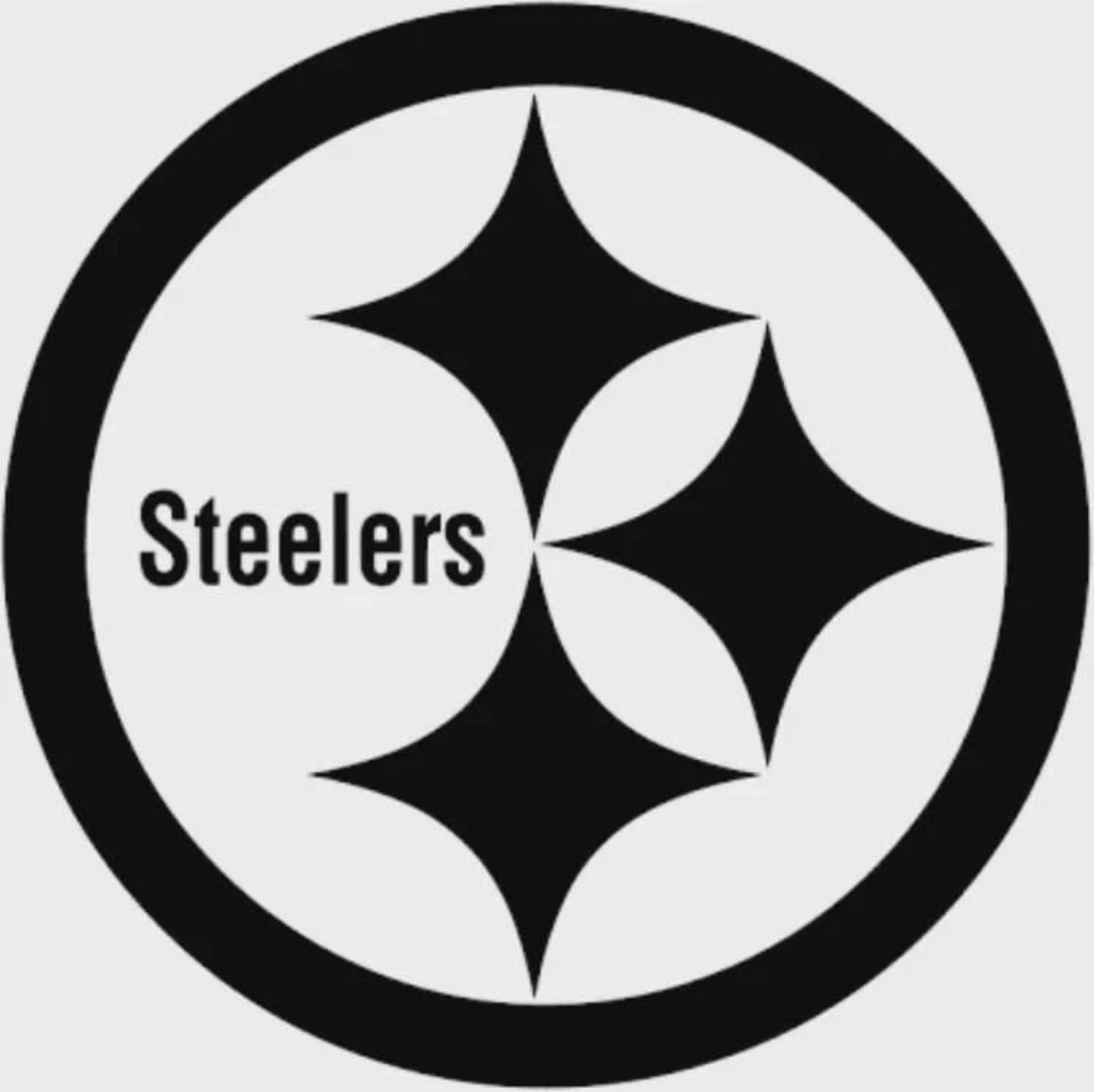 Black and white logo of the Pittsburgh Steelers with a star design on a light gray background