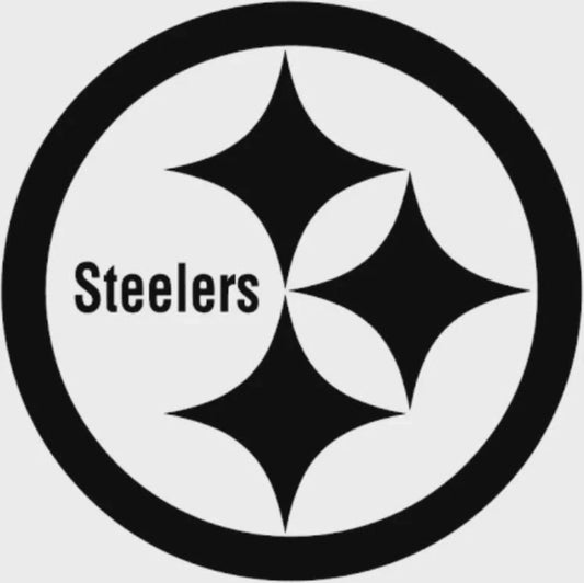 Black and white logo of the Pittsburgh Steelers with a star design on a light gray background