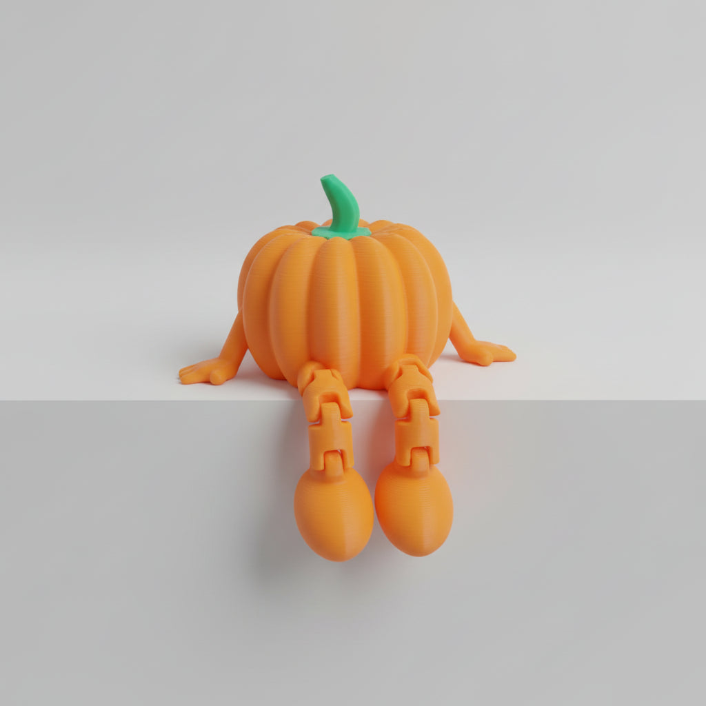 Orange pumpkin-shaped toy with a green stem on a light wooden surface
