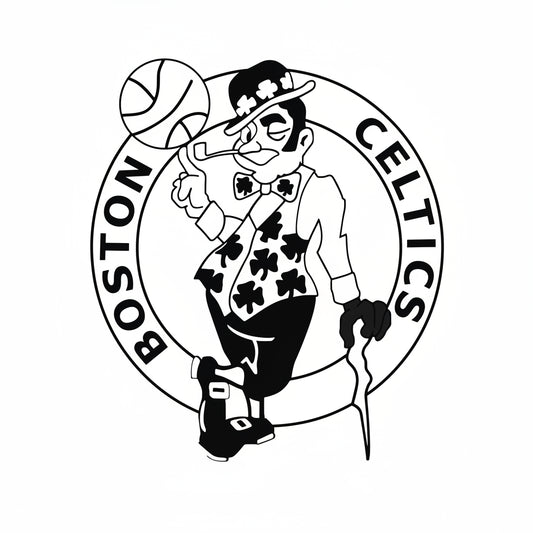 Black and white logo of the Boston Celtics featuring a cartoon character holding a basketball.