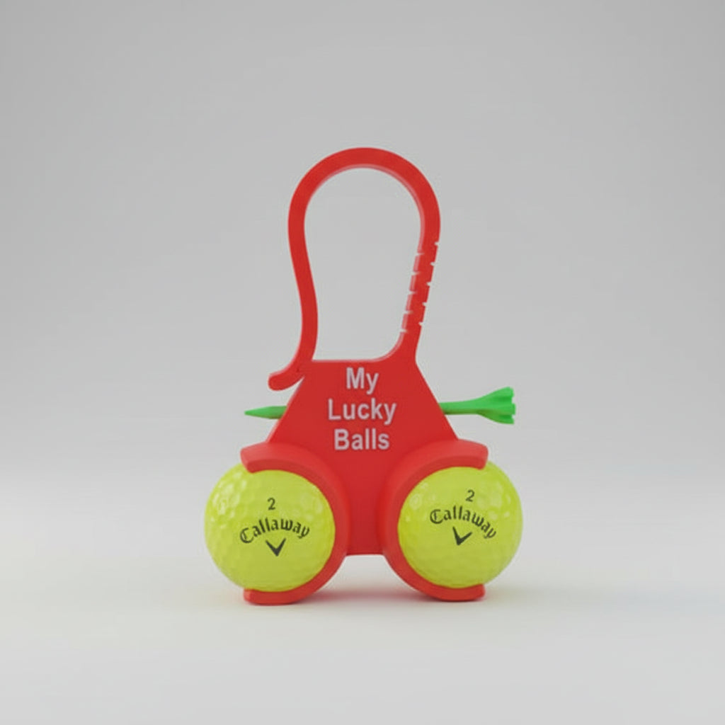 Red holder with two Callaway golf balls on a car window