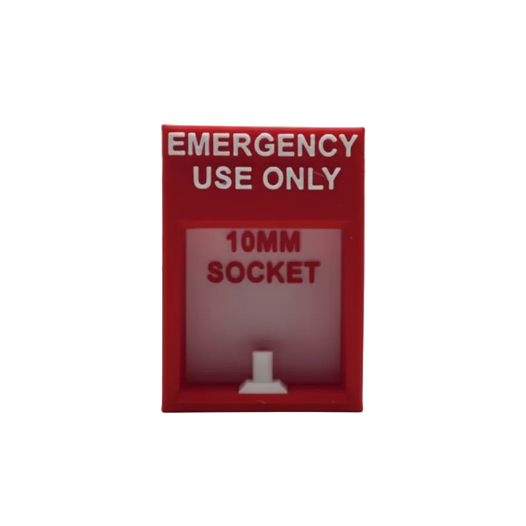 Red tool box with 'Emergency Use Only' and '10MM Socket' text on a white background