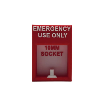 Red tool box with 'Emergency Use Only' and '10MM Socket' text on a white background