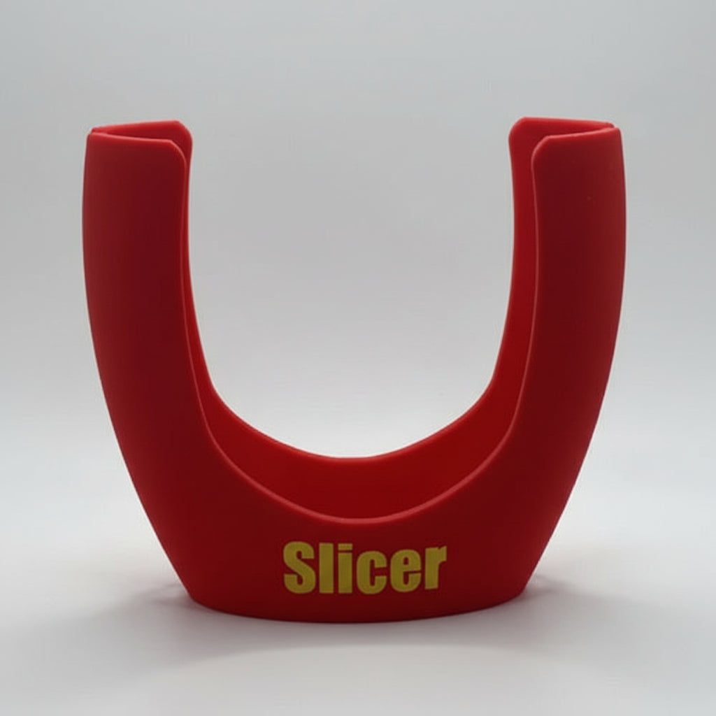 Red U-shaped tool with 'Slicer' text on a white background