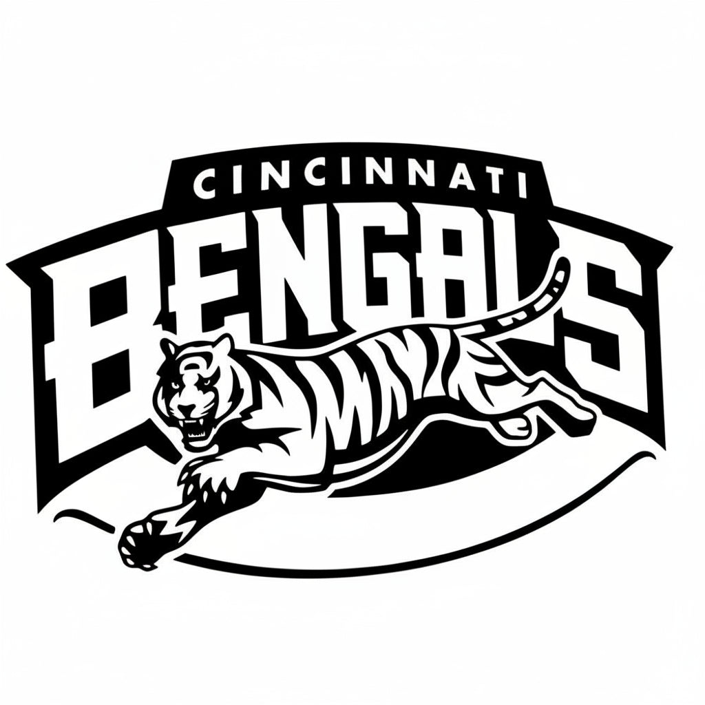Black and white logo of the Cincinnati Bengals with a tiger illustration on a white background