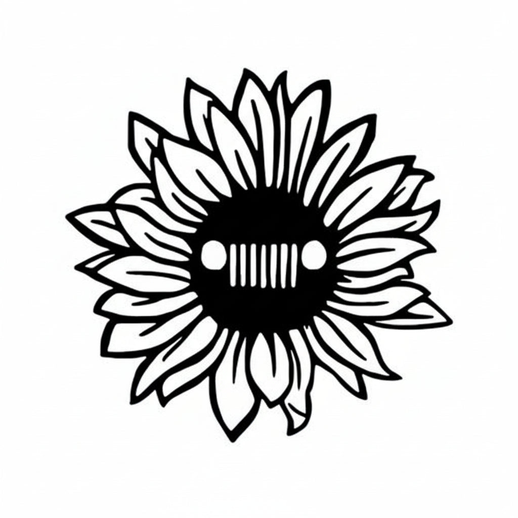 Black sunflower design with a Jeep logo at its center on a white background